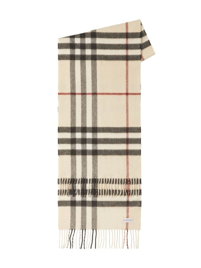 Burberry Beige Check Cashmere Fringing Scarf