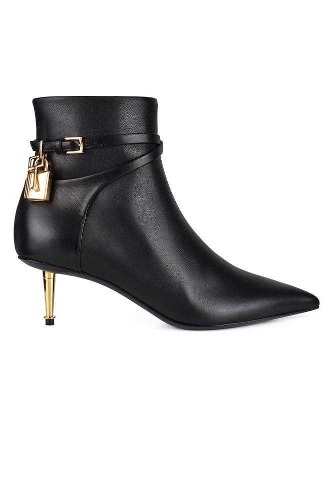 Tom Ford Pointed Black Leather Ankle Boots With Gold Lock Charm