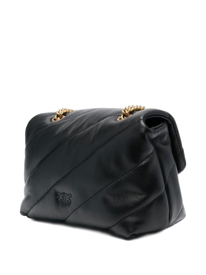 Pinko Quilted Black Shoulder Bag With Gold-Tone Bird Motif