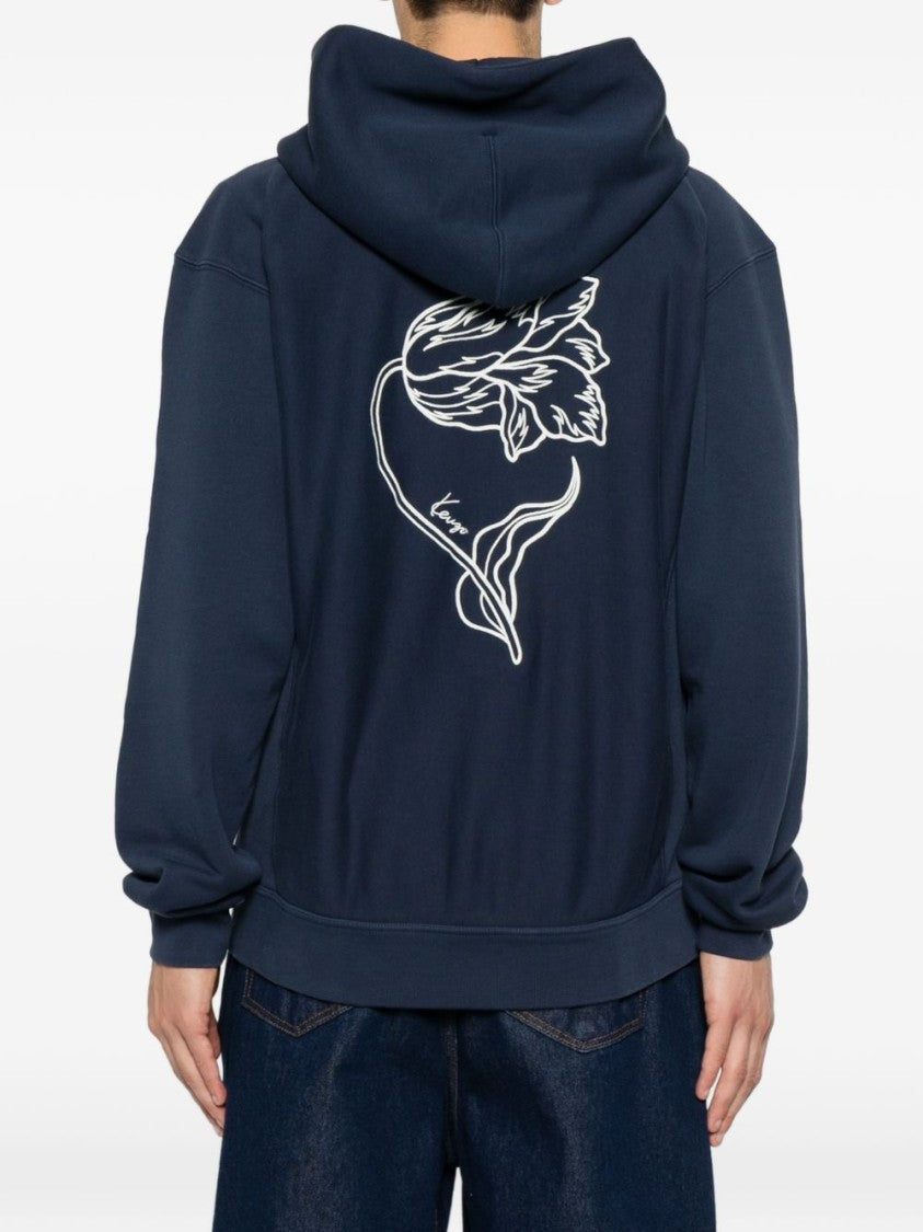 Kenzo Blue Floral Print Hooded Pouch Sweatshirt