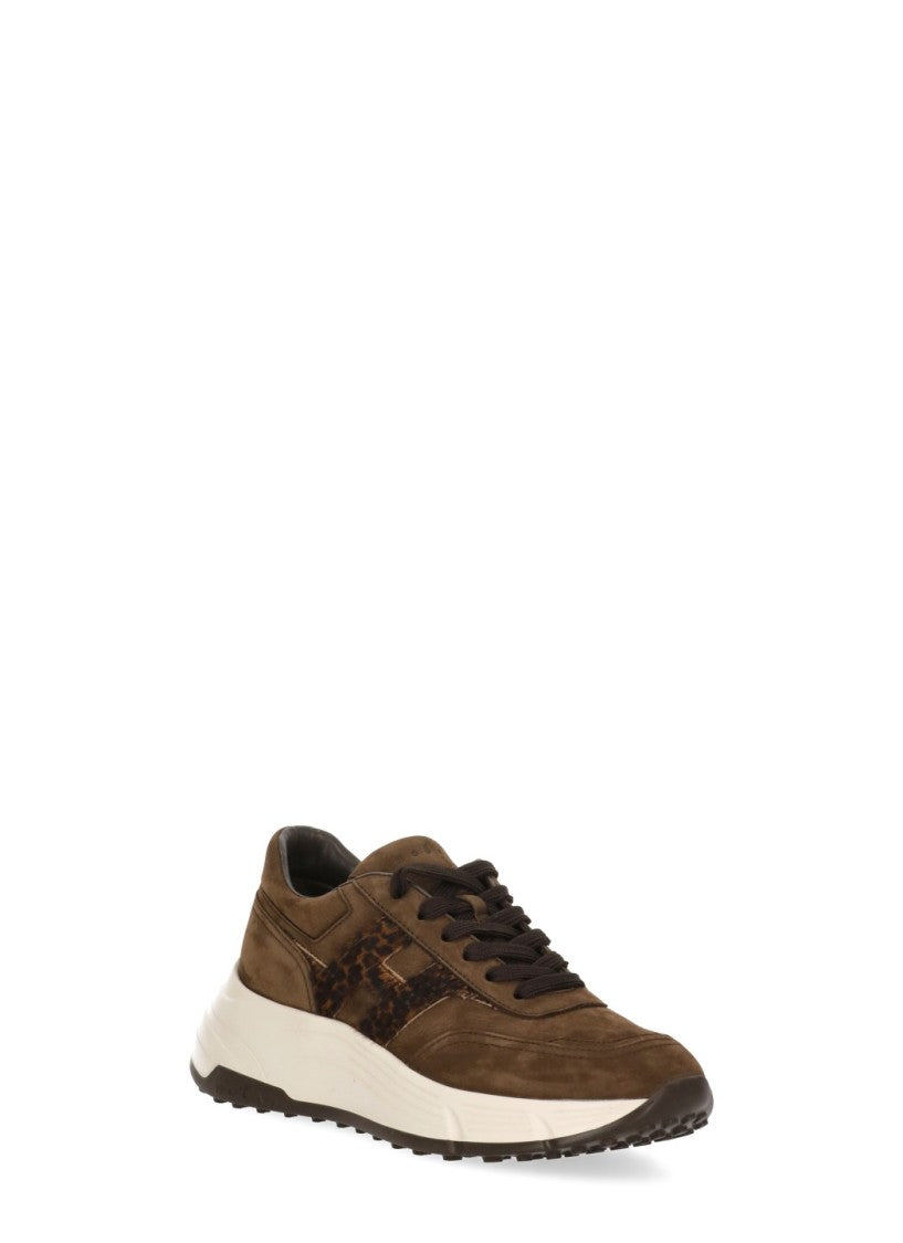 Hogan Brown Leather Sneakers With Leopard Pony Accents