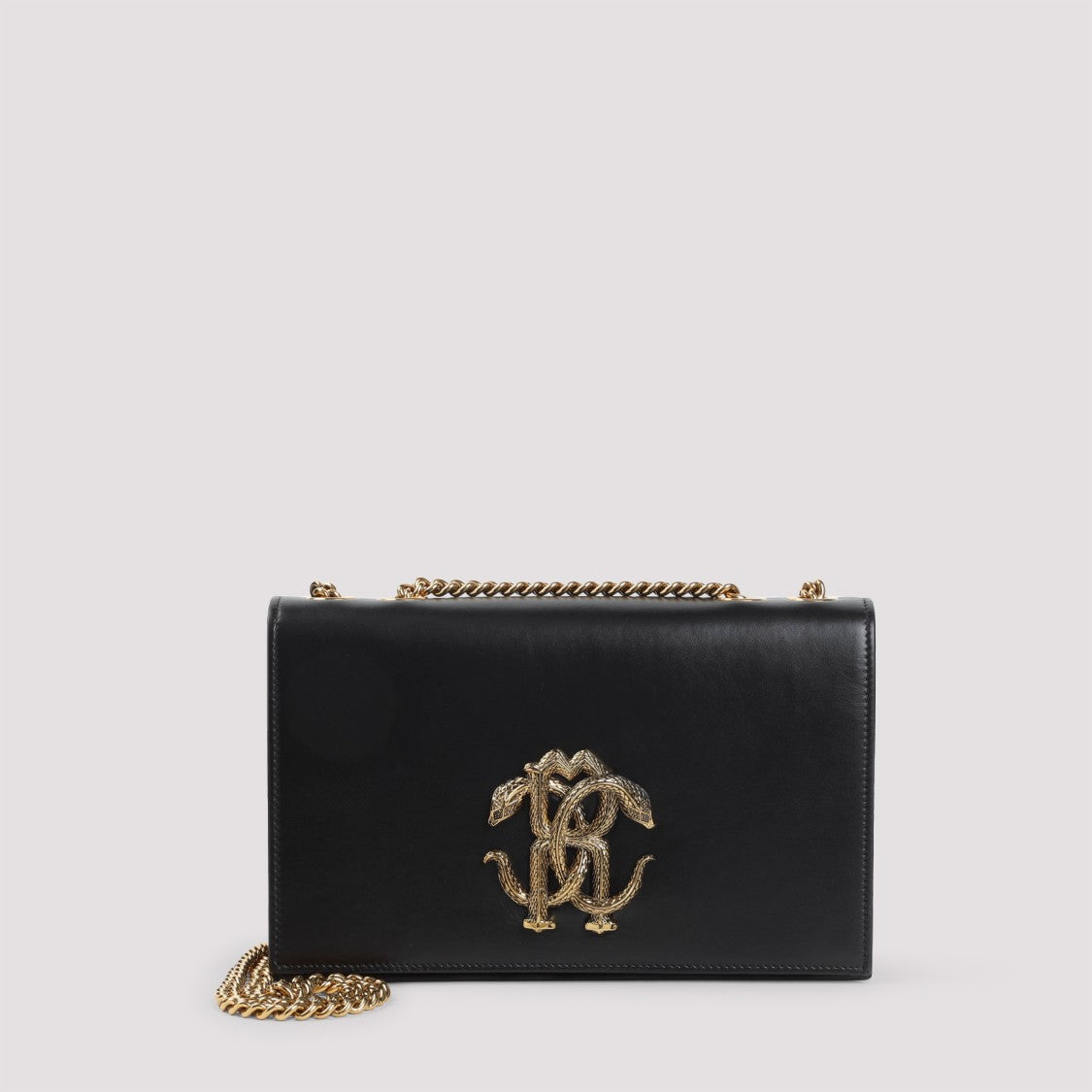 Roberto Cavalli Black Leather Shoulder Bag With Gold-Tone Logo