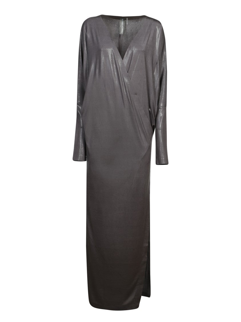 Norma Kamali Grey Long-Sleeved V-Neck Dress