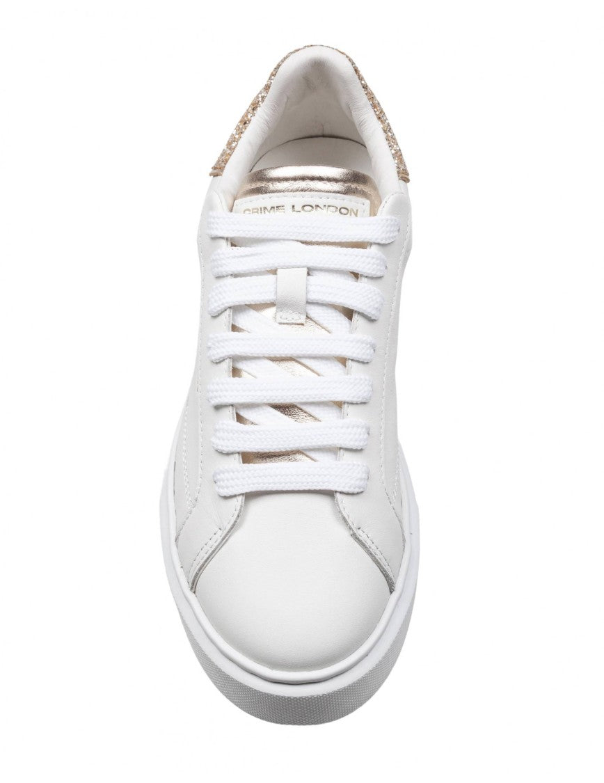 Crime London White Leather Sneakers With Glitter Heel Tab