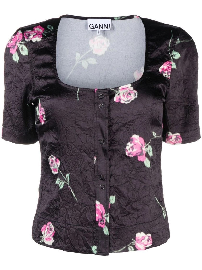 Ganni Crinkled Satin U-Neck Blouse