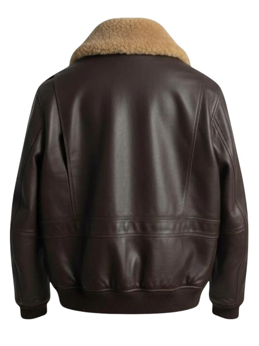 Peuterey Brown Leather Jacket With Shearling Collar And Ribbed Details