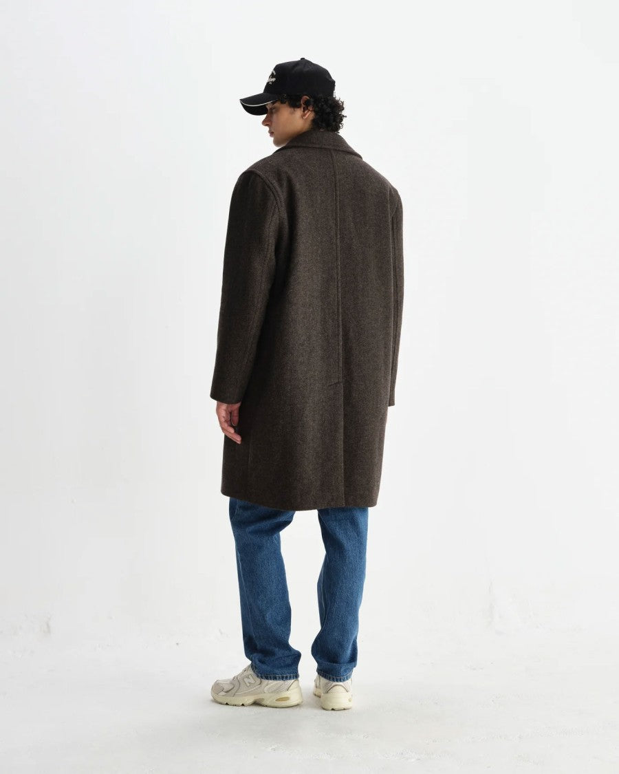 Wax London Herringbone Double-Breasted Overcoat With Structured Collar