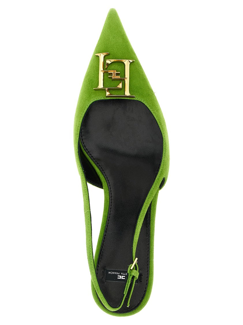 Elisabetta Franchi Pointed Toe Suede Slingbacks With Front Metal Logo