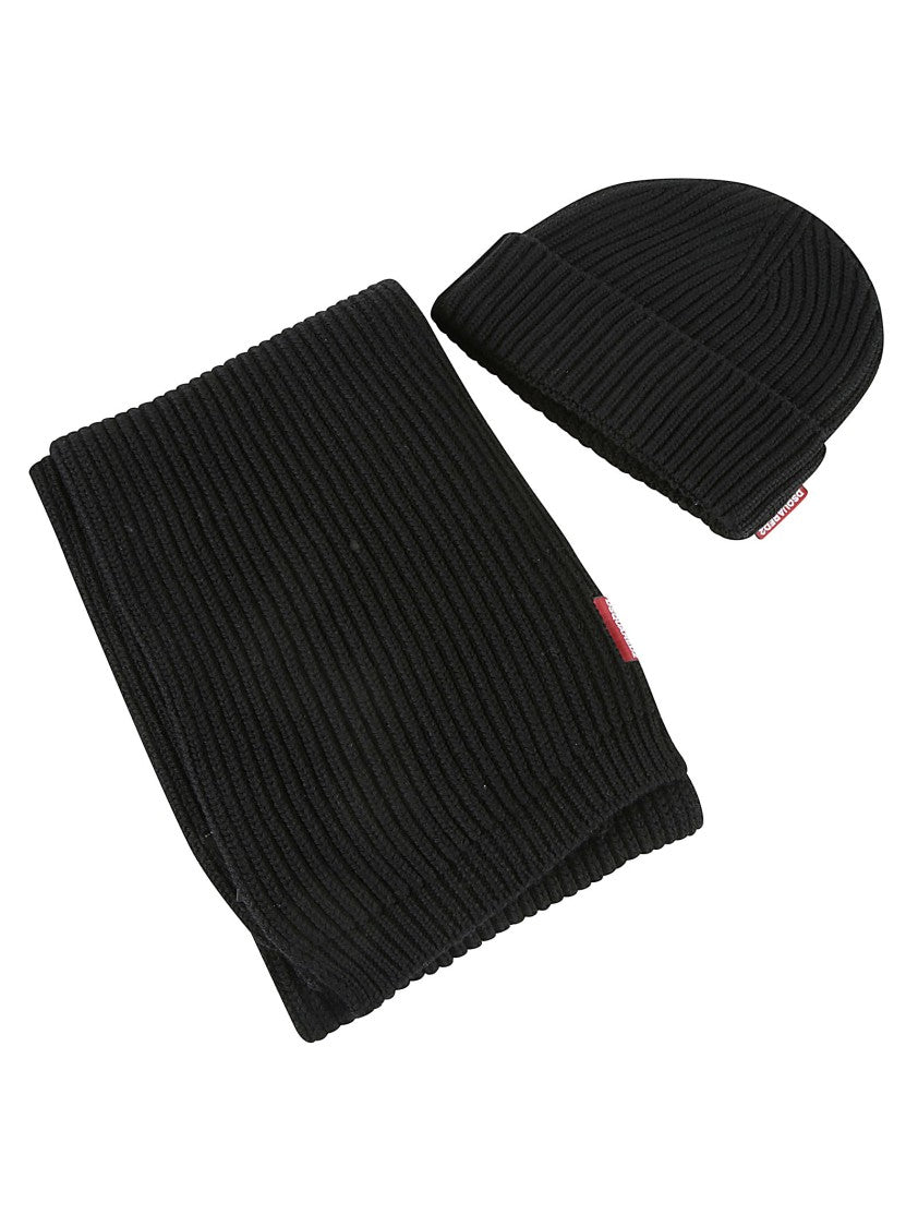 Dsquared2 Black Wool Ribbed Knit Scarf And Beanie Set