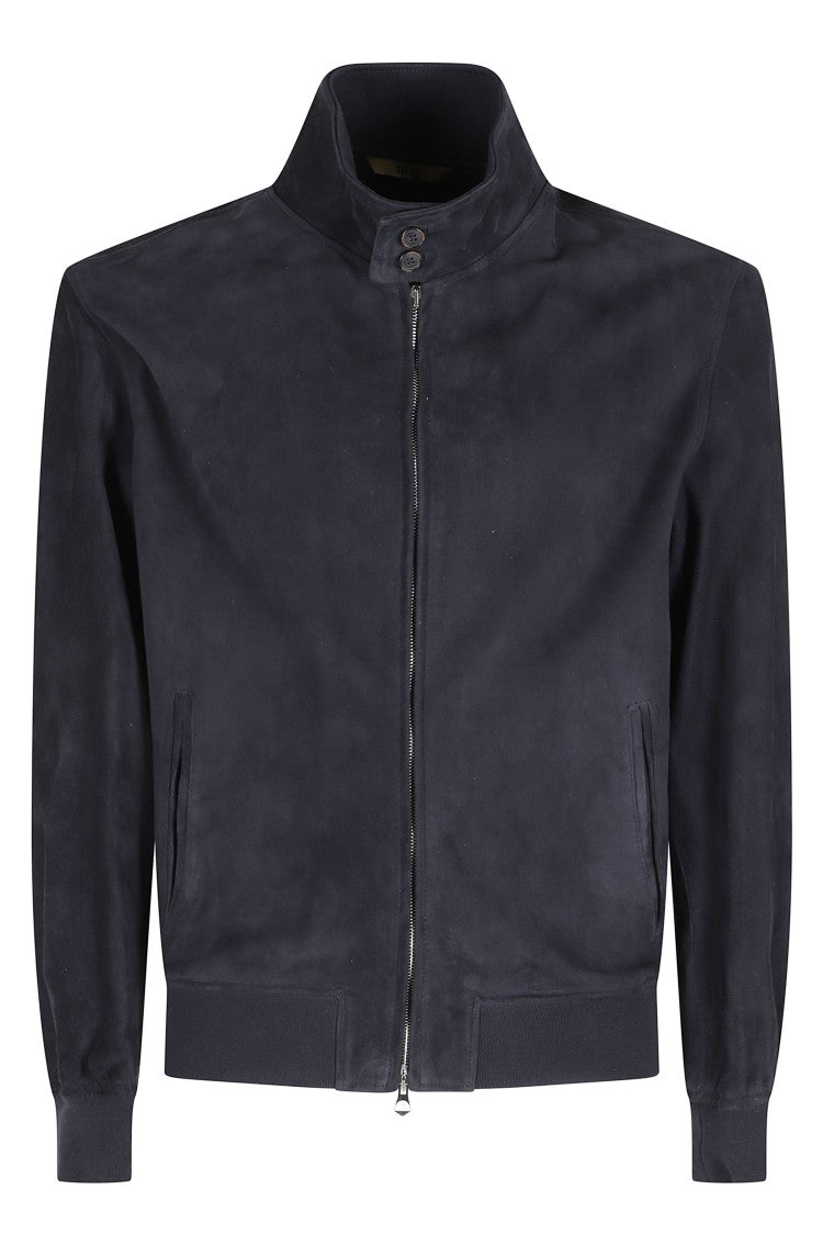 Hcr Navy Blue Ribbed Collar Suede Jacket