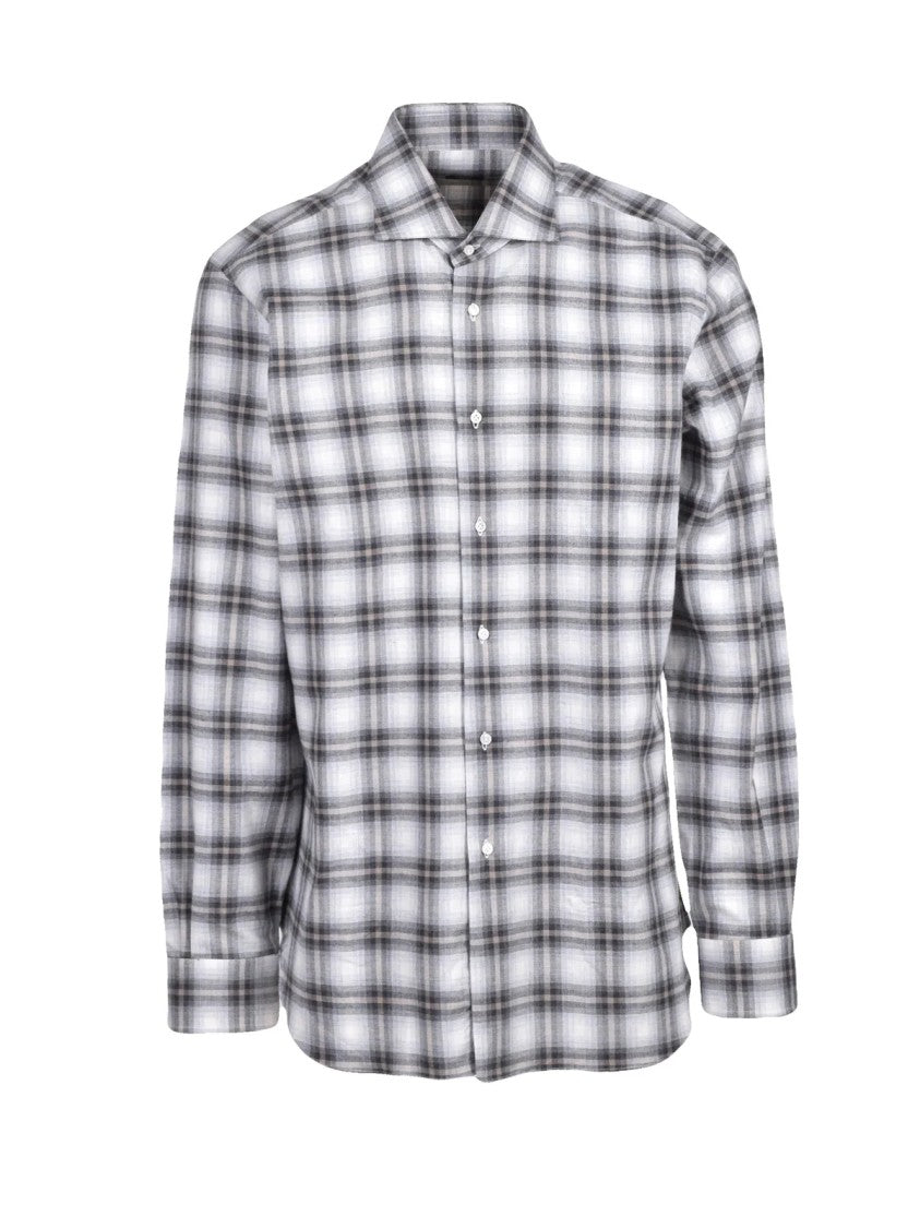 Barba Napoli White/Grey Plaid Cotton Flannel Shirt