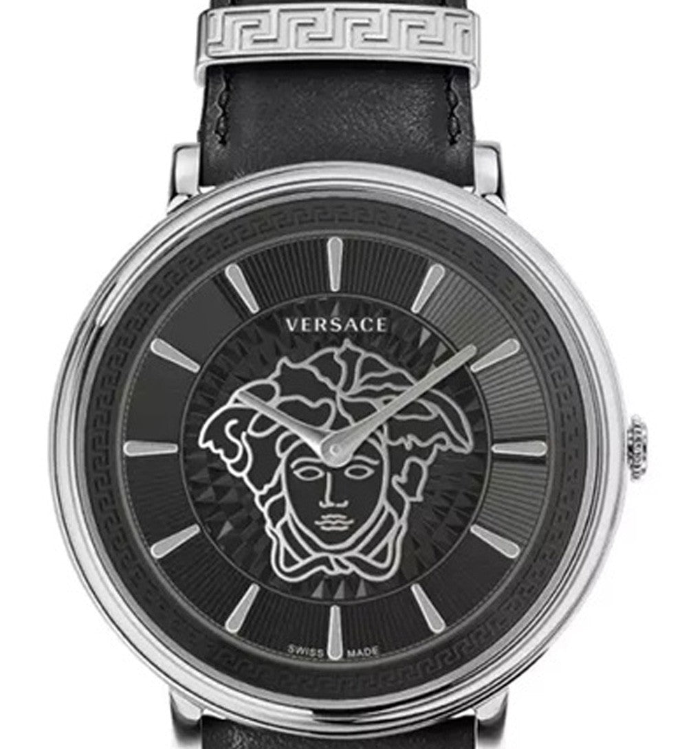 Versace Elegant Black Dial Watch With Medusa Design And Leather Strap