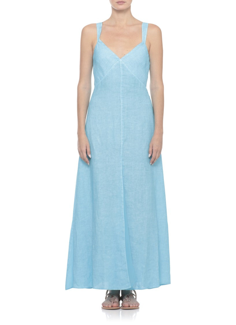 120% Lino Light Blue Linen Maxi Dress With Silk Accents