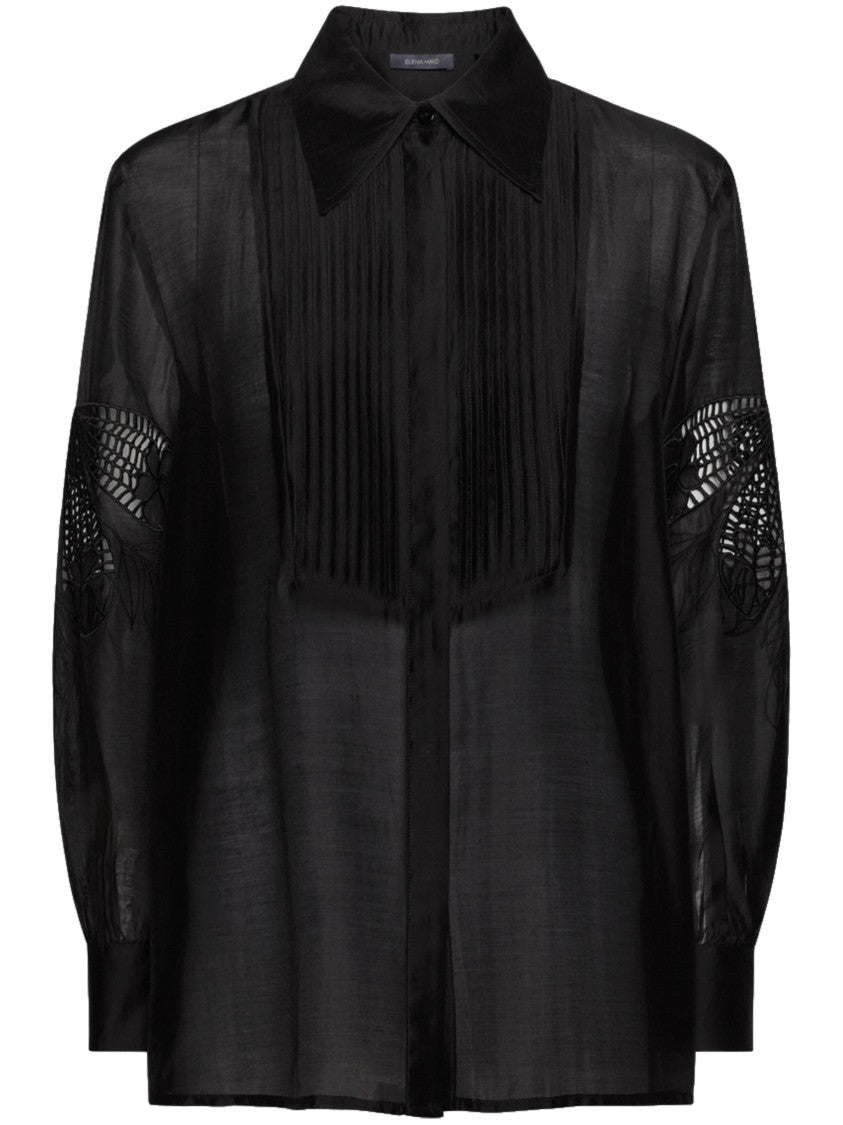 Elena Miro` Sheer Black Lace Detail Silk Blouse