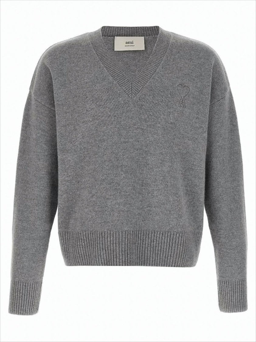 Ami Grey Knit Sweater With V-Neckline