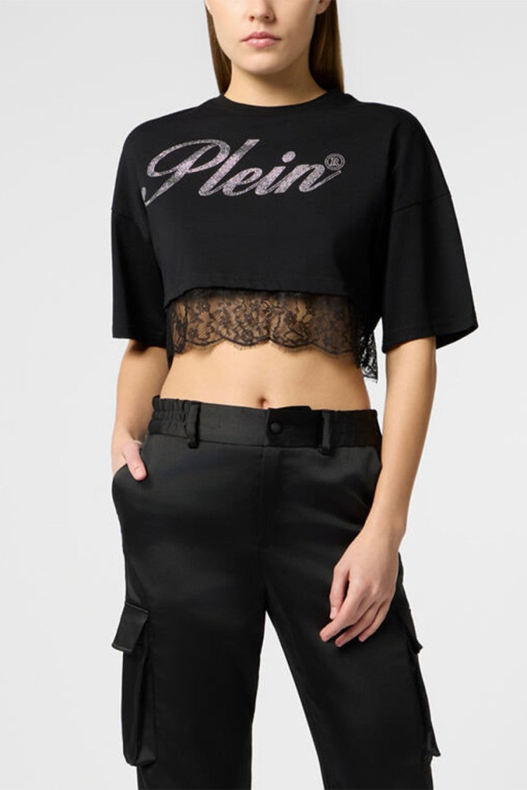 Philipp Plein Black Cotton Lace-Hem Cropped T-Shirt