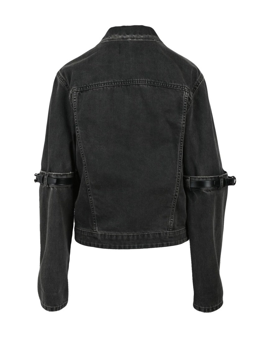 Coperni Cropped Black Denim Jacket With Leather Strap Details
