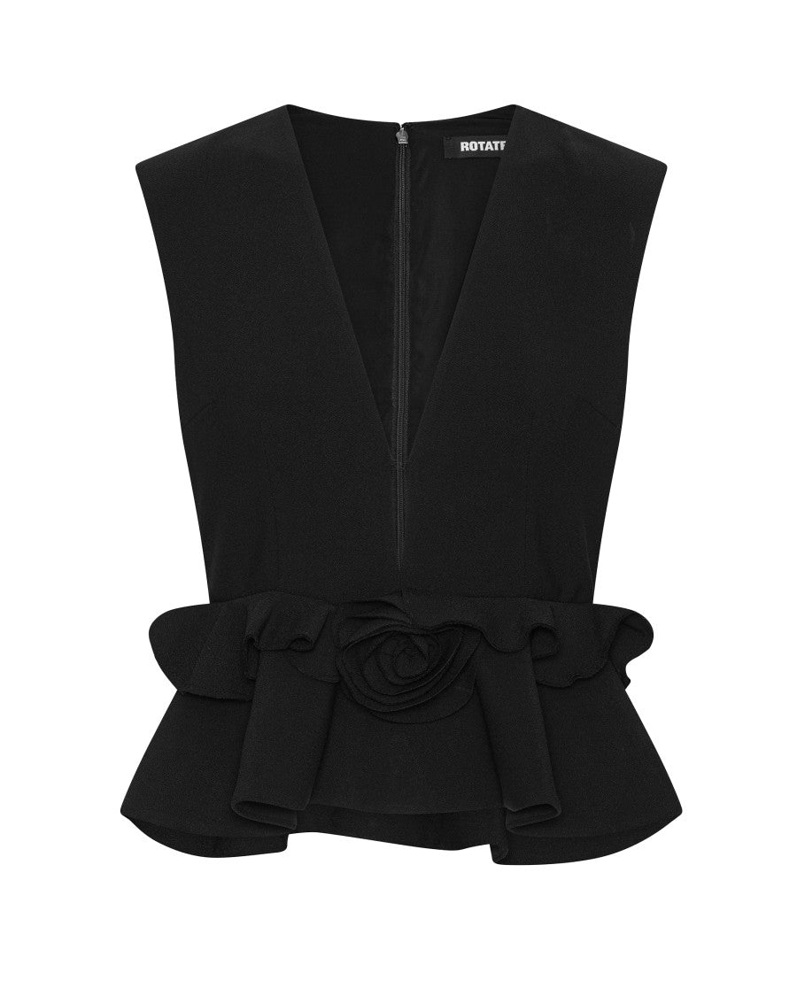 Rotate Sleeveless Black Peplum Top With Decorative Flower