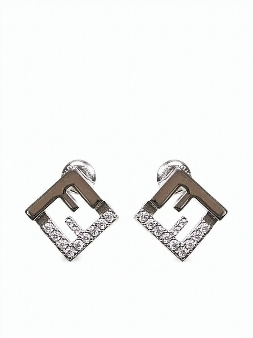 Fendi Geometric Silver-Tone Earrings With Crystal Accents