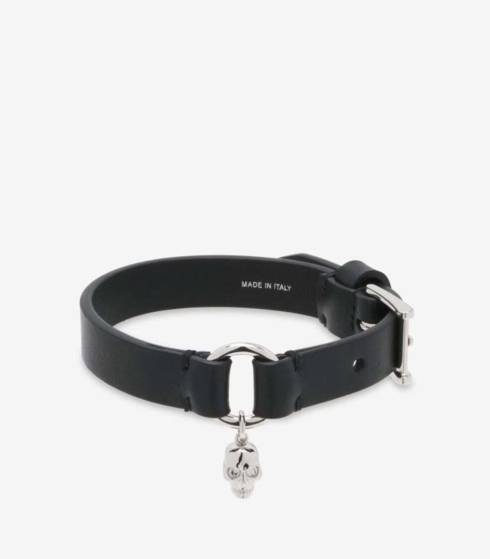 Alexander Mcqueen Skull Ring Leather Bracelet Black