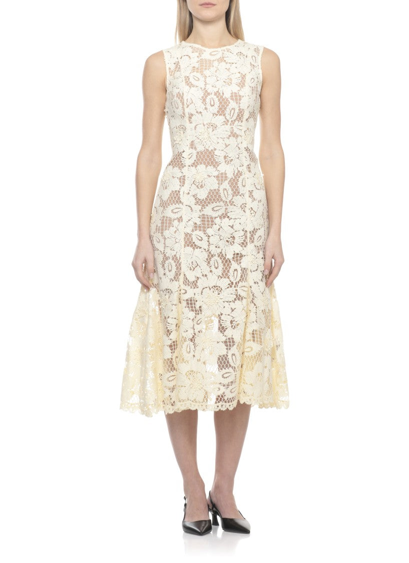 Self-Portrait Crochet Lace Midi Dress With Floral Relief And Flared Hem