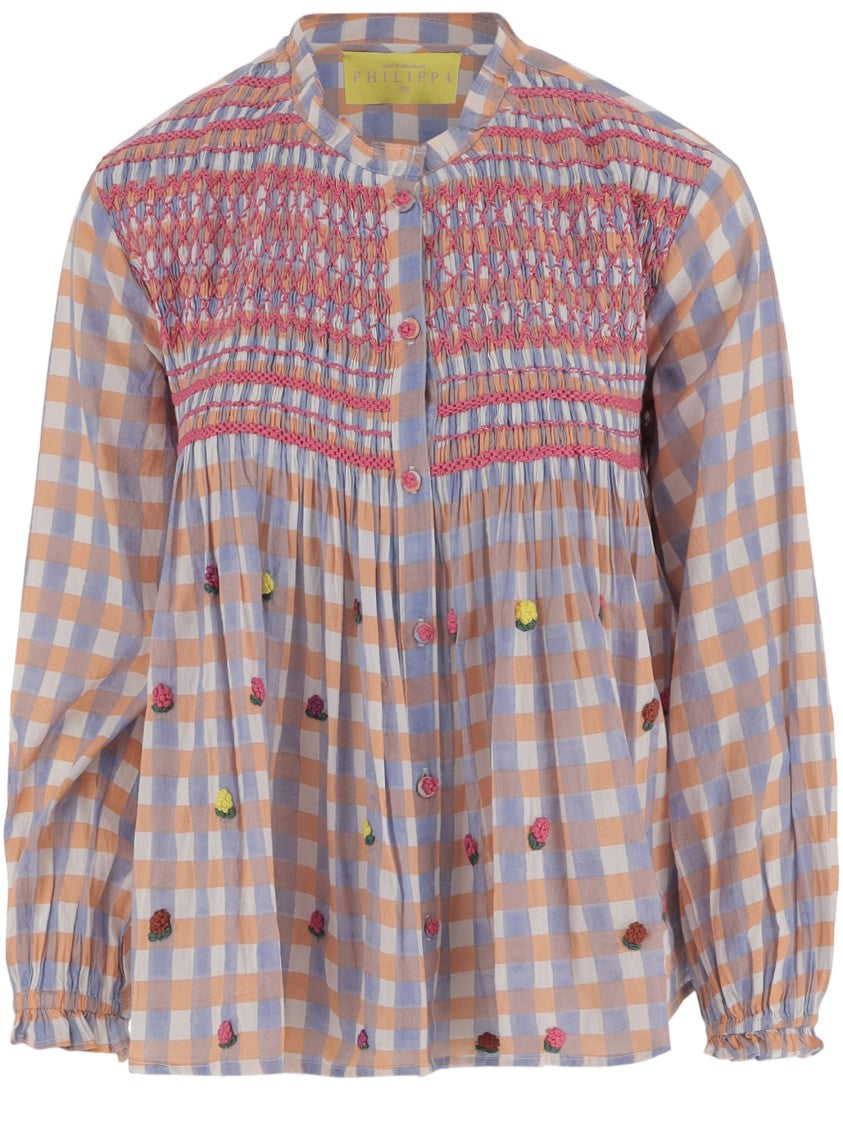 Philippa 1970 Cotton Shirt With Floral Embroidery And Smocking