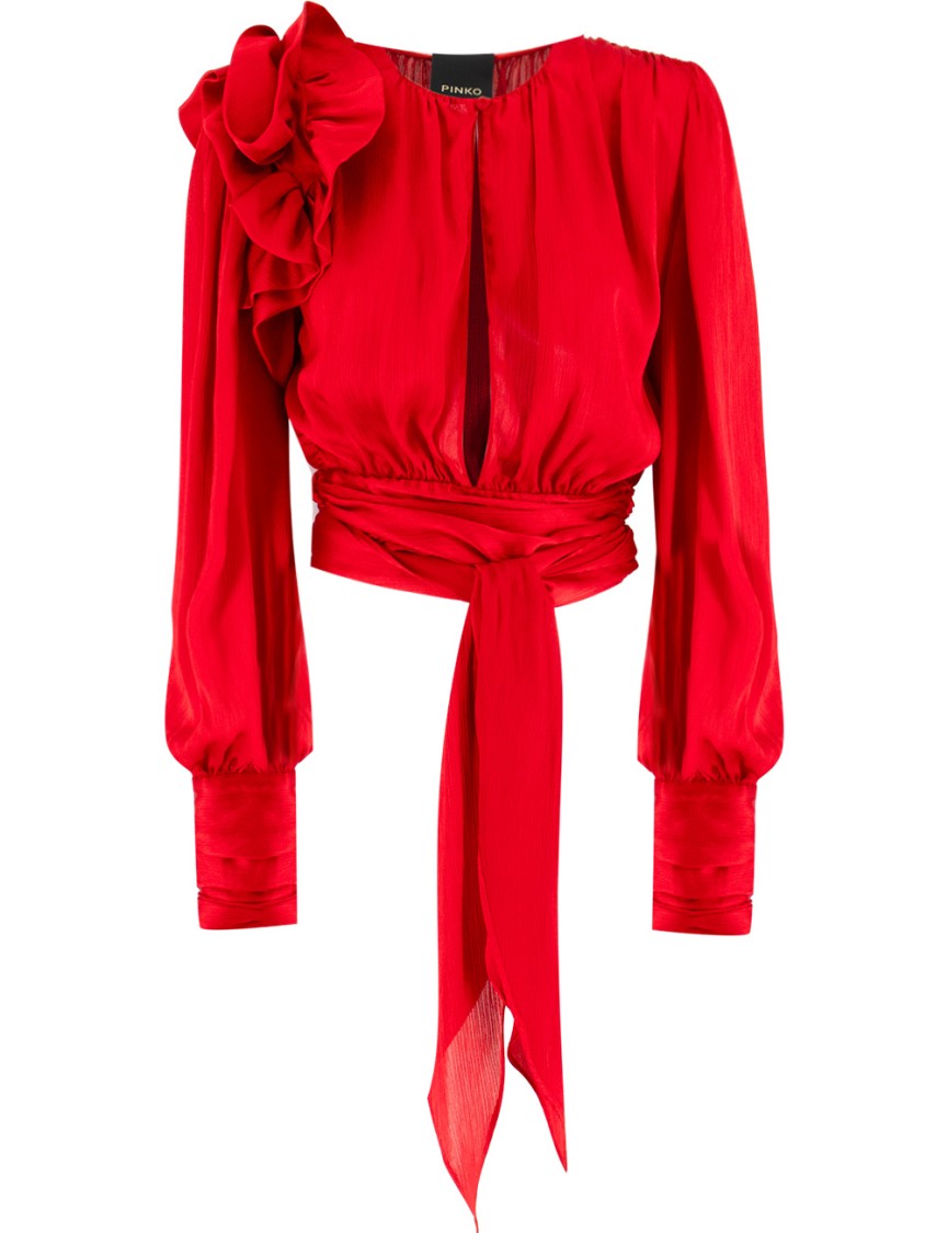 Pinko Cropped Blouse With Ruched Texture And Floral Appliqué