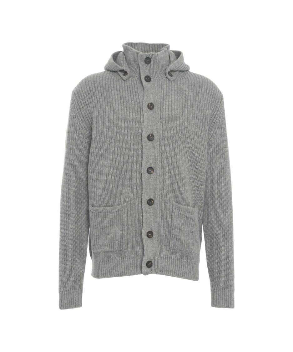 Gender Ribbed Knit Cardigan With Hood And Button Closure