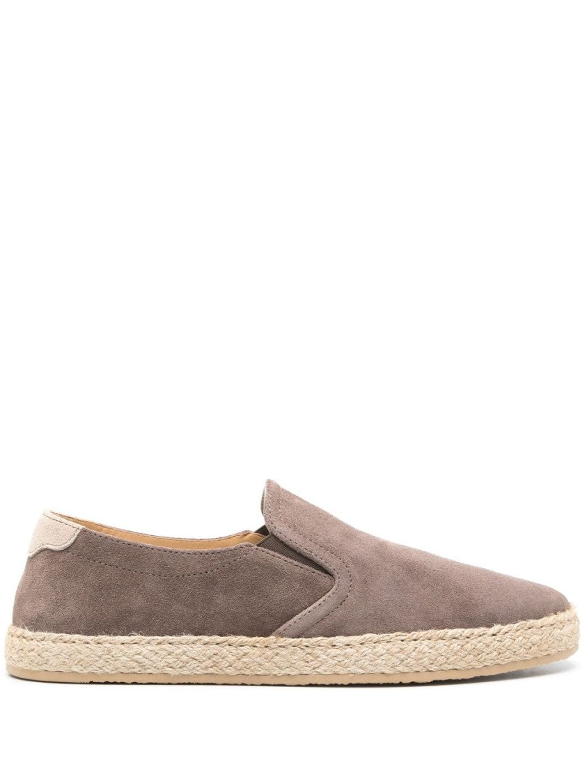 Brunello Cucinelli Taupe Brown Suede Loafers With Elasticated Panels And Jute Detailing