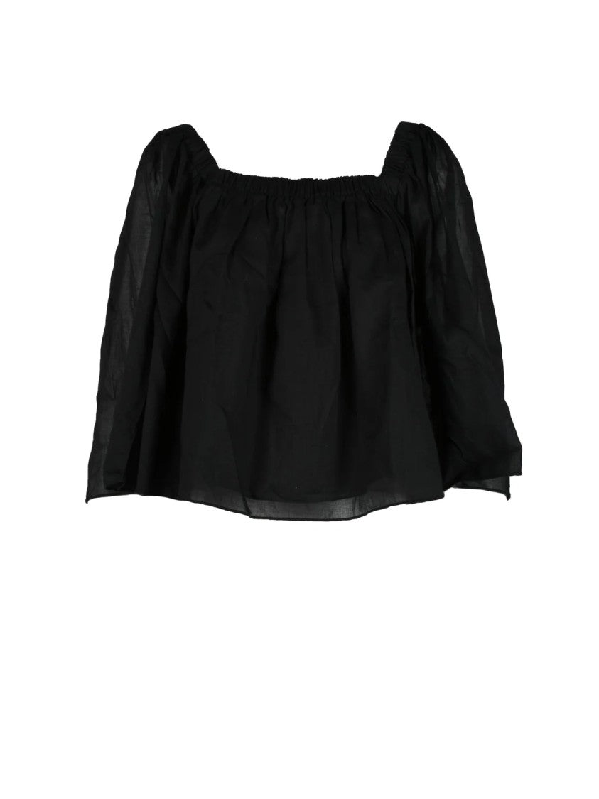 La Fabrique Black Gathered Neckline Flowy Cotton Blouse
