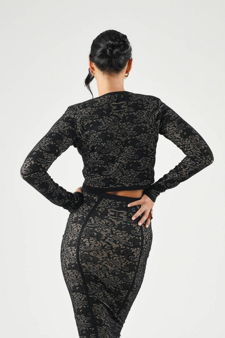 Elisabetta Franchi Black Lace-Effect Cropped Cardigan
