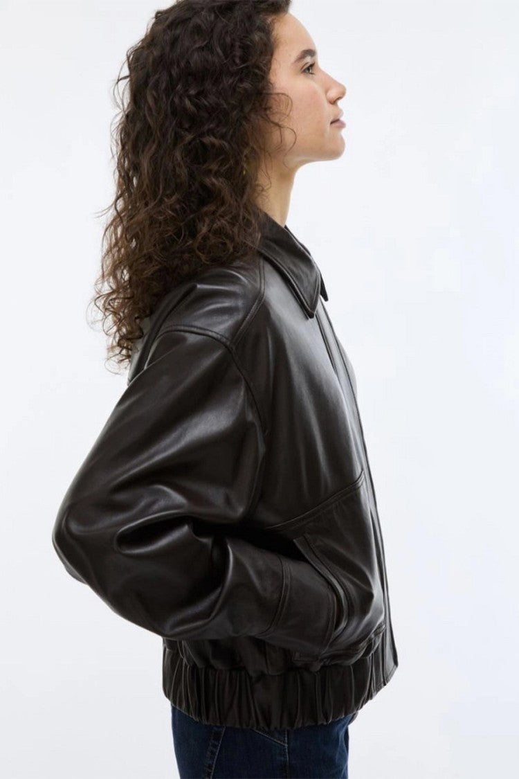 I Blues Dark Brown Glossy Cropped Bomber Jacket