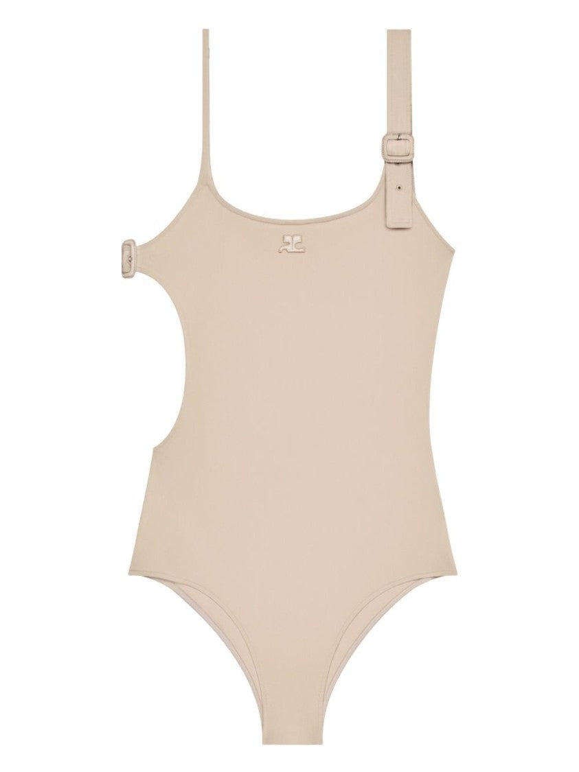 Courrèges Buckle-Detail Beige One-Piece Top With Cut-Out Design