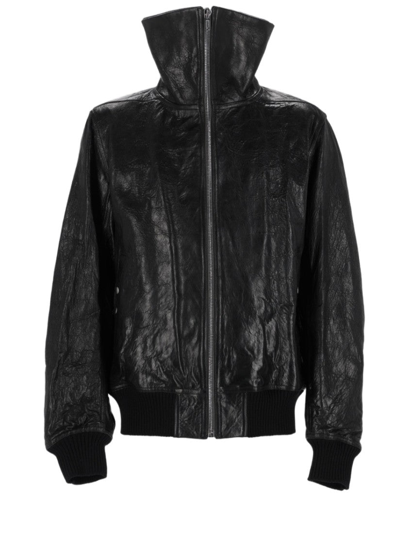 Rick Owens Structured Black Lamb Leather Jacket With High Collar And Ribbed Cuffs