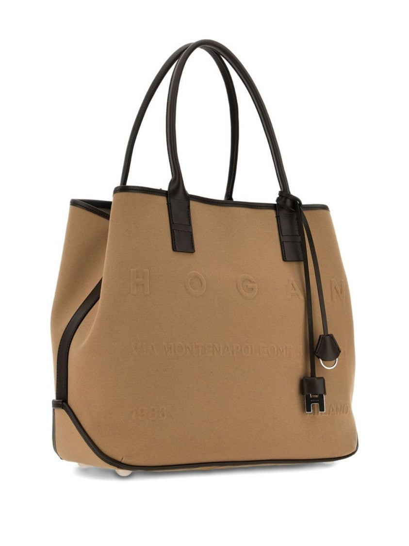 Hogan Shopper Bag In Beige Cotton-Calfskin Blend