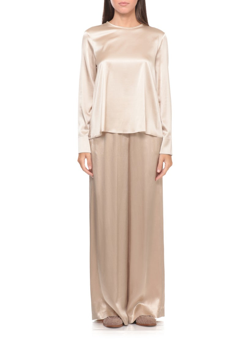 Peserico Beige Beaded-Cuff Silk Blouse