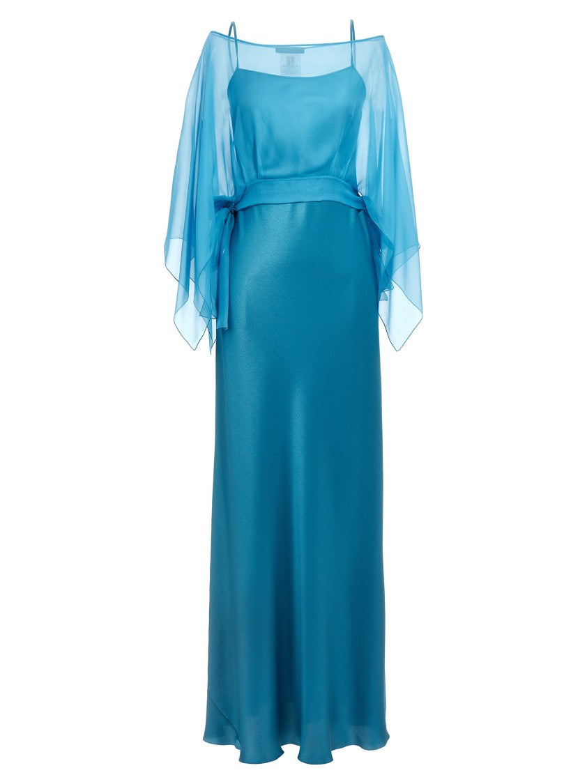 Alberta Ferretti Long Satin Dress With Removable Chiffon Cape Top