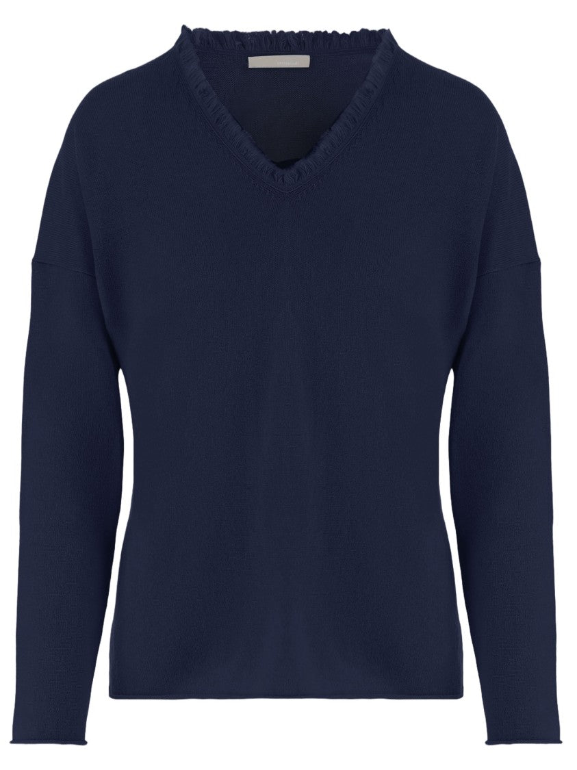 Allude Navy V-Neck Wool And Cashmere Knit Sweater