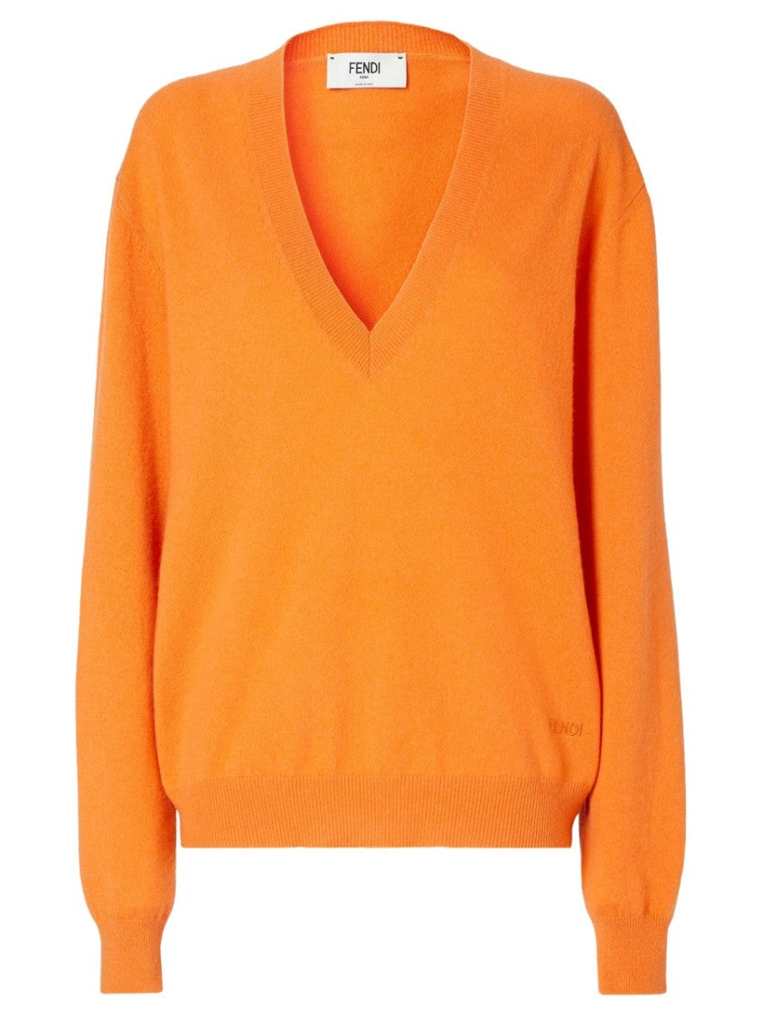 Fendi Vibrant Orange Cashmere Blend V-Neck Sweater With Ribbed Details