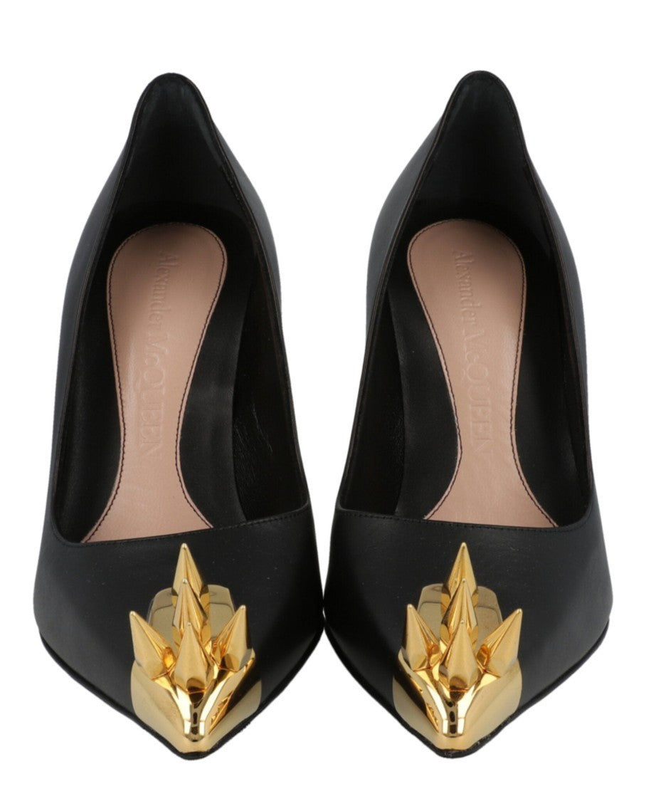 Alexander Mcqueen Pointed Toe Stiletto Pumps With Gold Stud Accents