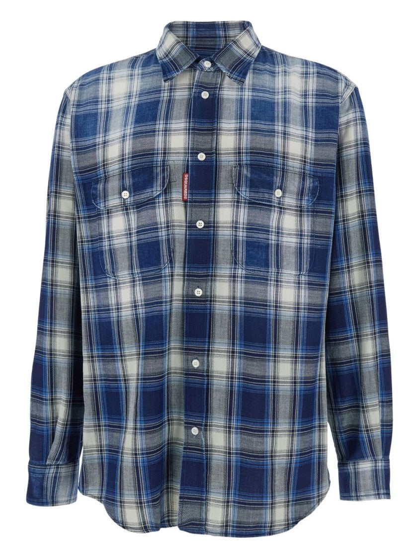 Dsquared2 Blue Checked Pattern Flap Pocket Shirt