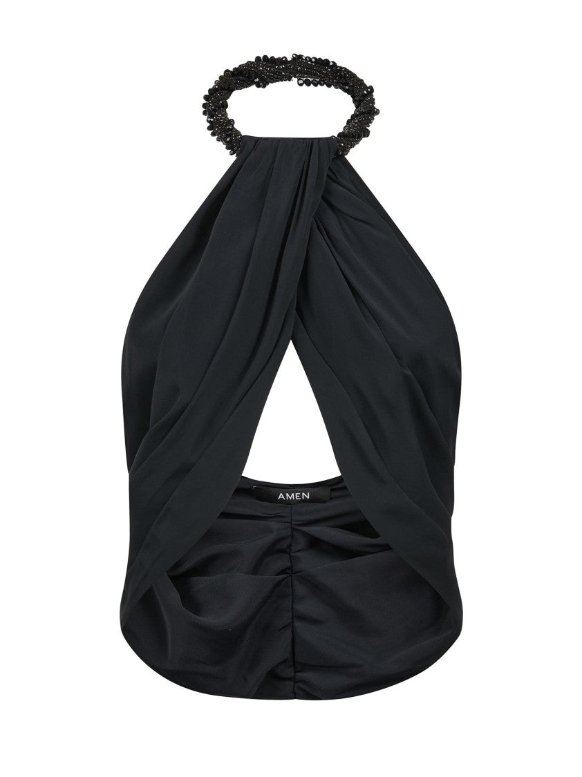 Amen Asymmetric Black Jersey Top With Beaded Embroidery