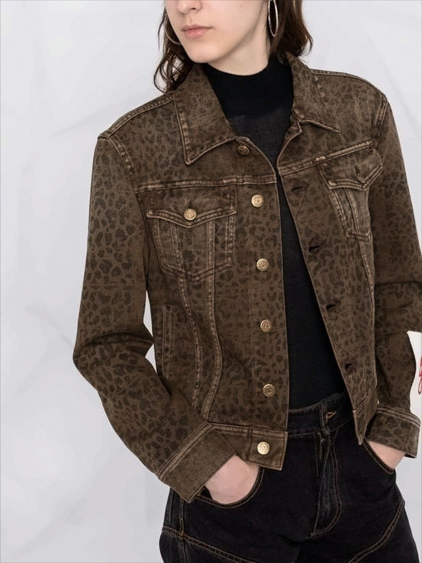 Golden Goose Cropped Denim Jacket With Subtle Leopard Print And Metallic Accents