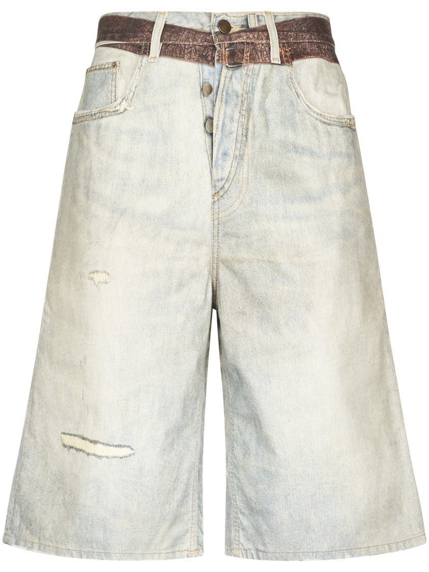 Haikure Knee-Length Distressed Denim Shorts With Contrasting Waistband