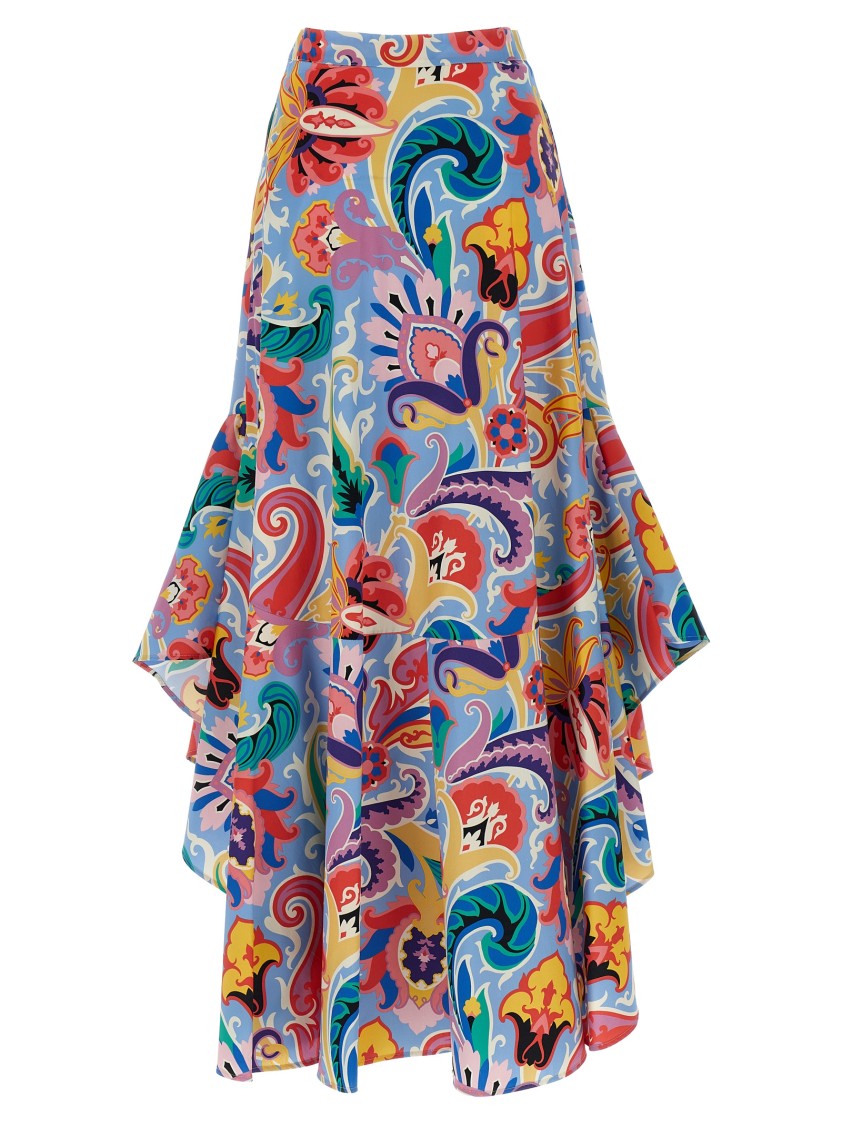 Etro Vibrant Paisley Print Cotton Skirt With Side Flounces And Button Closure