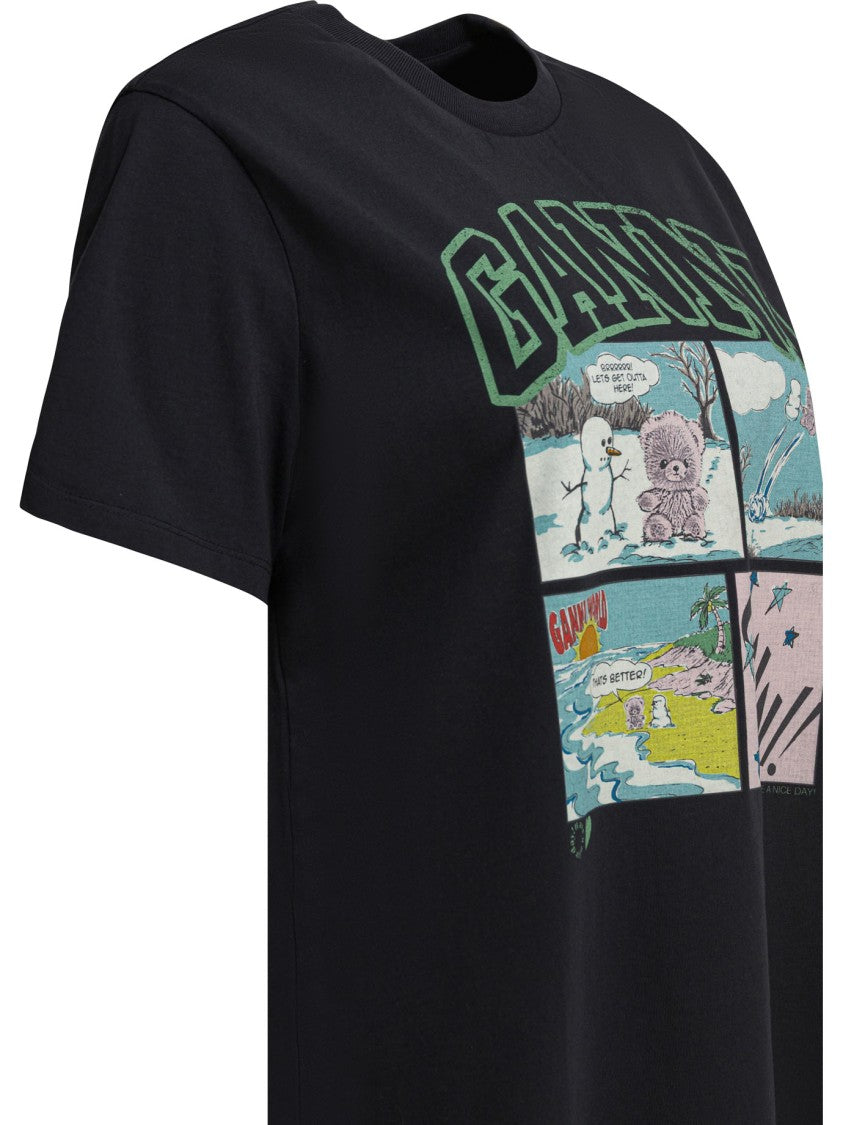 Ganni Short-Sleeved T-Shirt With Bear Graphic Print