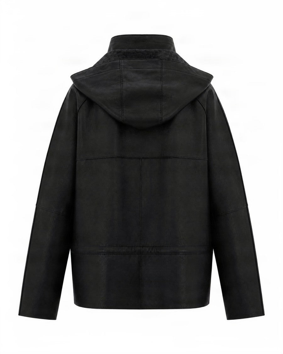 P.A.R.O.S.H. Black Lamb Leather Jacket With Adjustable Hood And Zip Closure