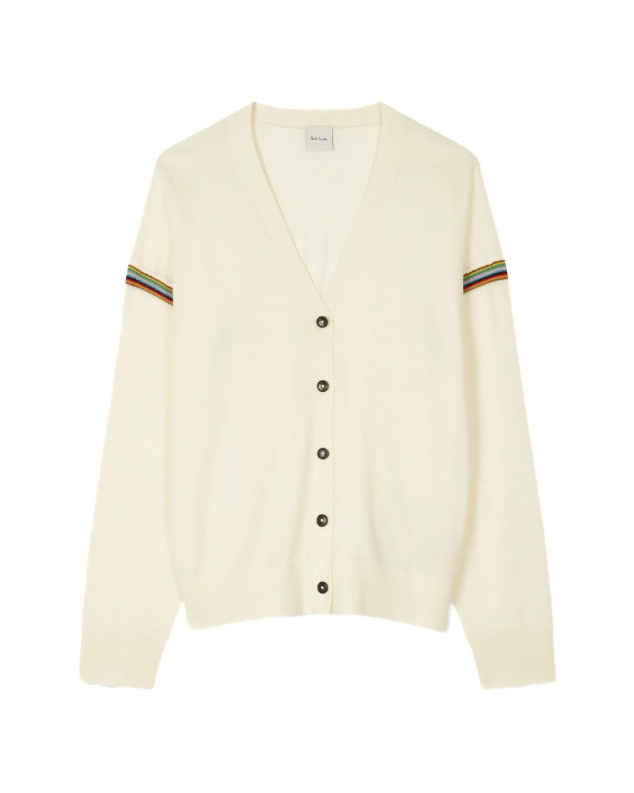 Paul Smith Cream V-Neck Cardigan With Signature Stripe Trim