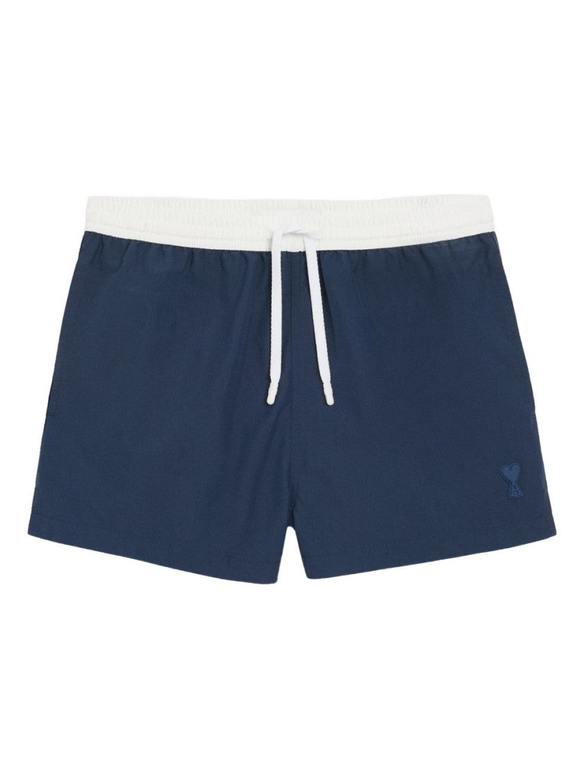 Ami Paris Navy Blue Slim Fit Shorts With Contrasting Drawstring Waistband