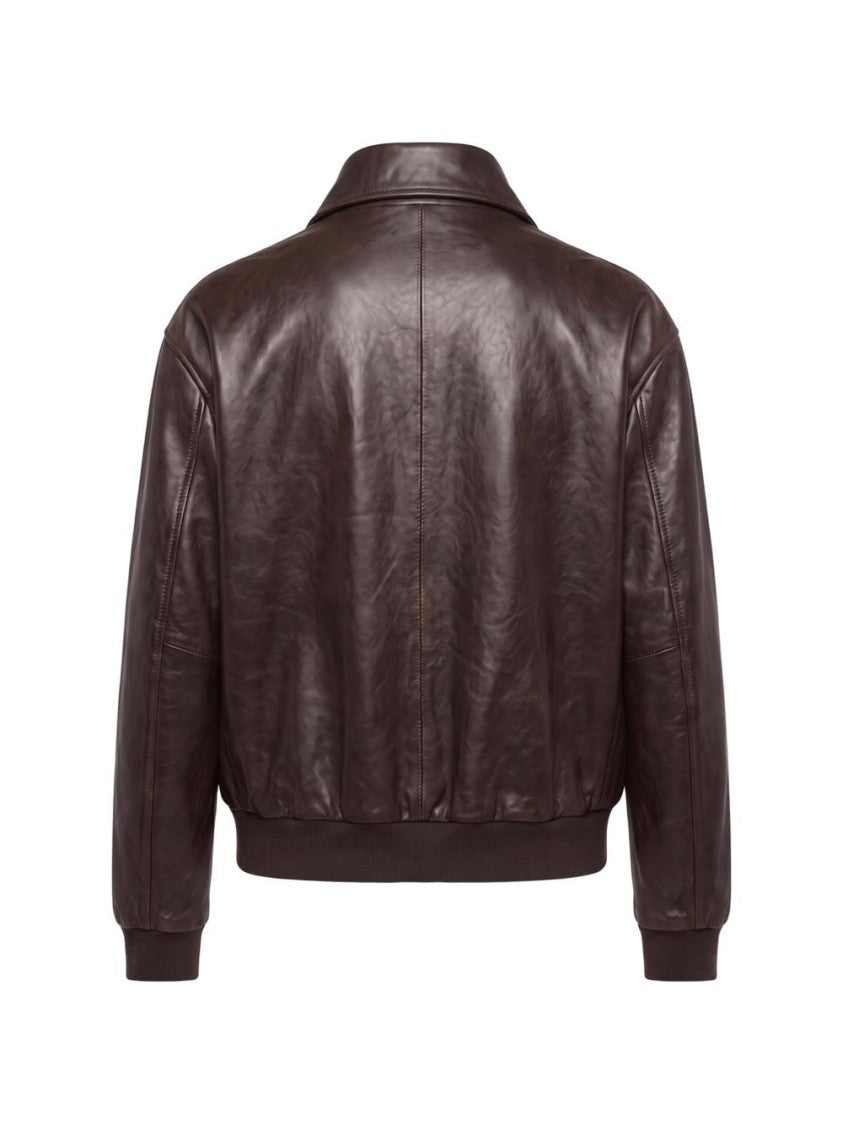 Prada Dark Brown Leather Ribbed Cuff Jacket